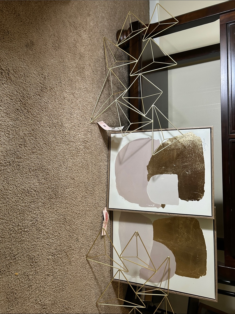 Blush and Gold Abstract Wall Art Set with Gold Geometric Accents